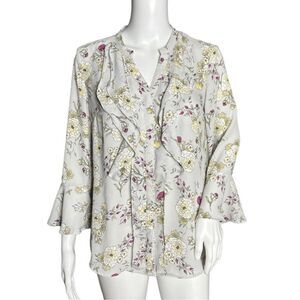 Charter Club Shirt Womens XS Gray White Floral Flower Ruffle‎ Romantic Peasant
